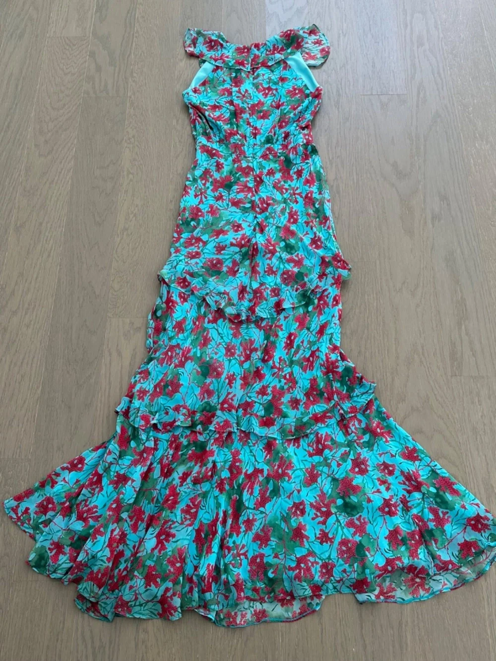 SALONI Rita Silk Maxi Dress Teal Blue Aquarium Floral Ruffle Sleeveless - US 2 - Picture 3 of 12